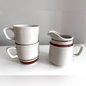 Speckled Ceramic Vintage Creamer and Mug Set in Cream with Brown Trim